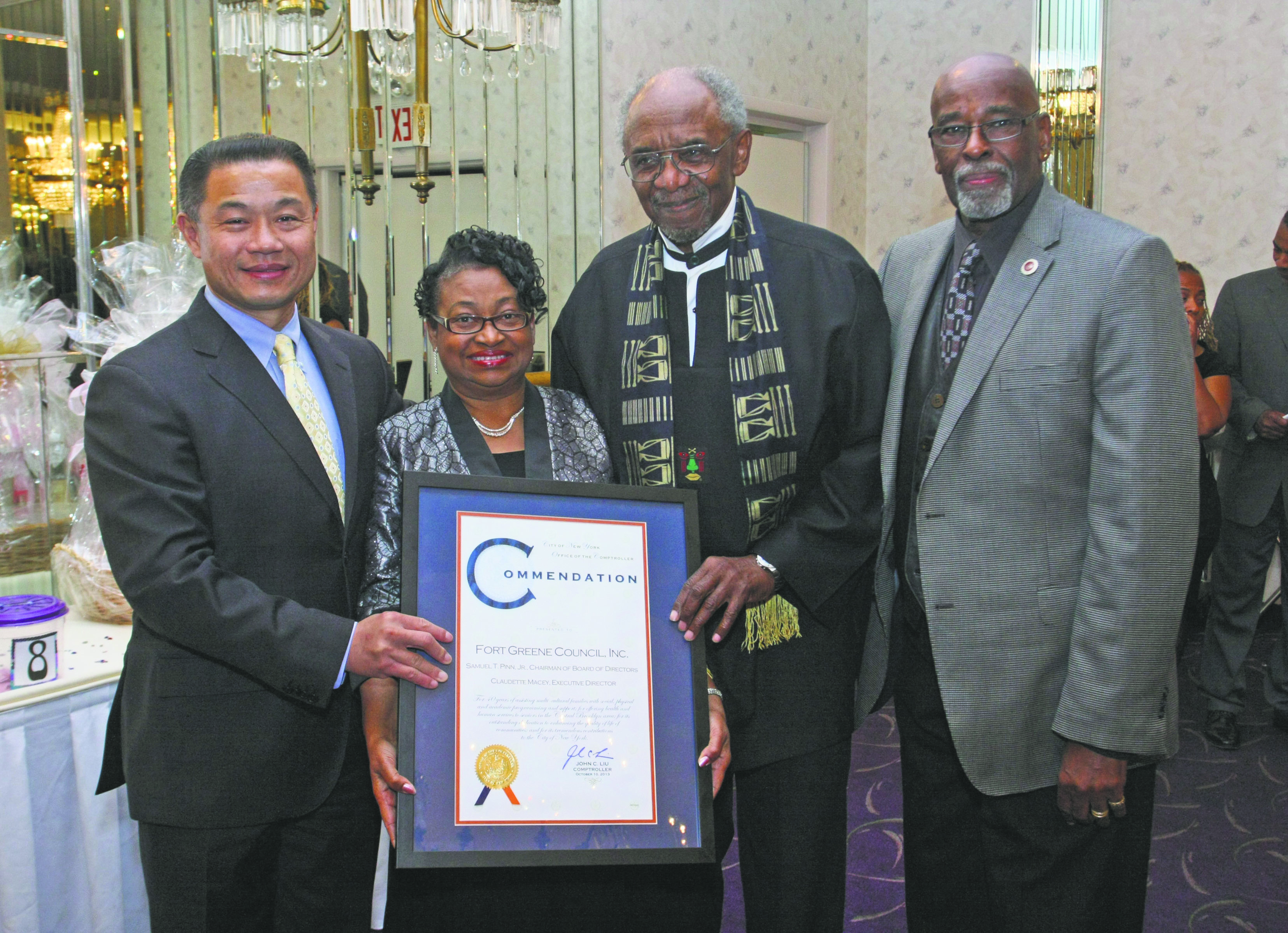 L to R: City Comptroller John Liu, Fort Greene Senior Council Executive Director Claudette Macey, Fort Greene Senior Council Chairman Sam Pinn and Councilman Al Vann (48169)