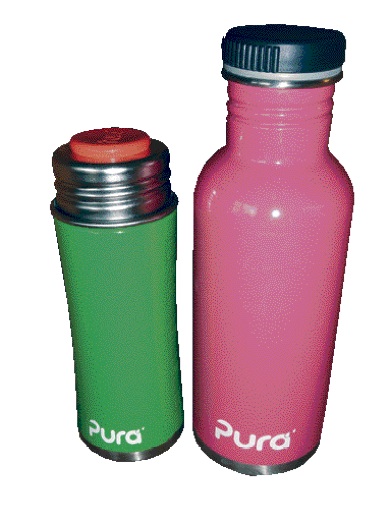 Pura bottles are durable, food-grade, 60 percent recycled stainless steel, toxin-free bottles that do not shatter or crack and are very resistant. (55004)