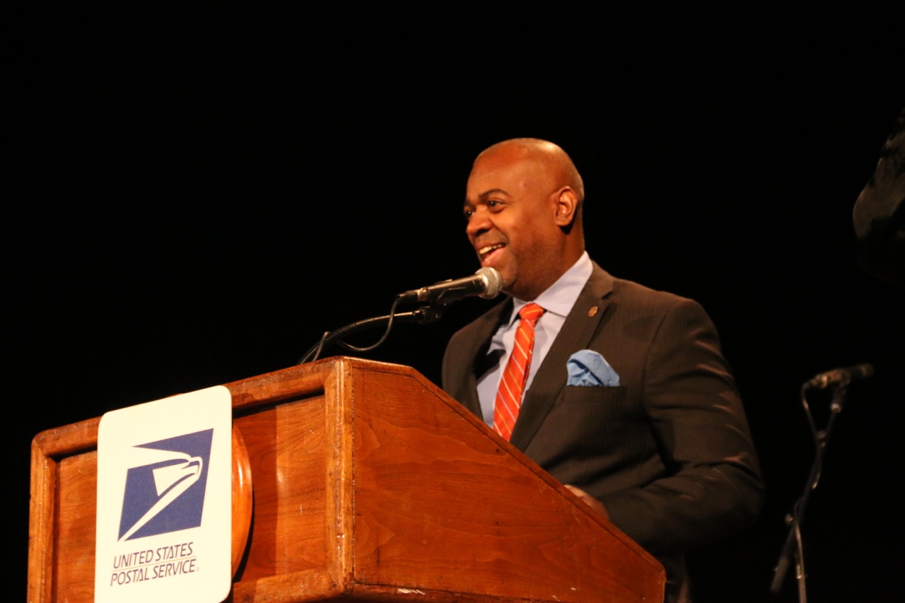 Newark Mayor Ras J. Baraka spoke during the Sarah Vaughan Postal Stamp Unveiling Ceremony at Symphony Hall in Newark. (199217)