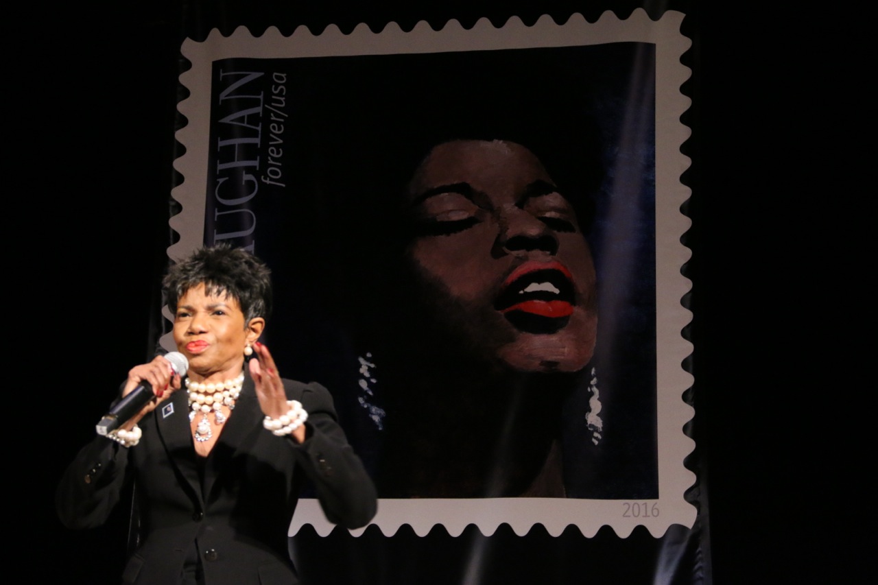 Popular Newark native, singer Melba Moore performed during the Sarah Vaughan Postal Stamp Ceremony at Newark Symphony Hall. (199220)