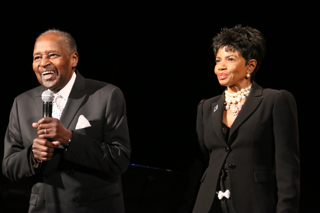 Appearing very healthy, 100-year-old pianist Clement “Clem” Moorman, the stepfather of singer Melba Moore, addressed the audience at Newark Symphony Hall during the Sarah Vaughan Stamp Ceremony as Moore stood nearby. (199221)