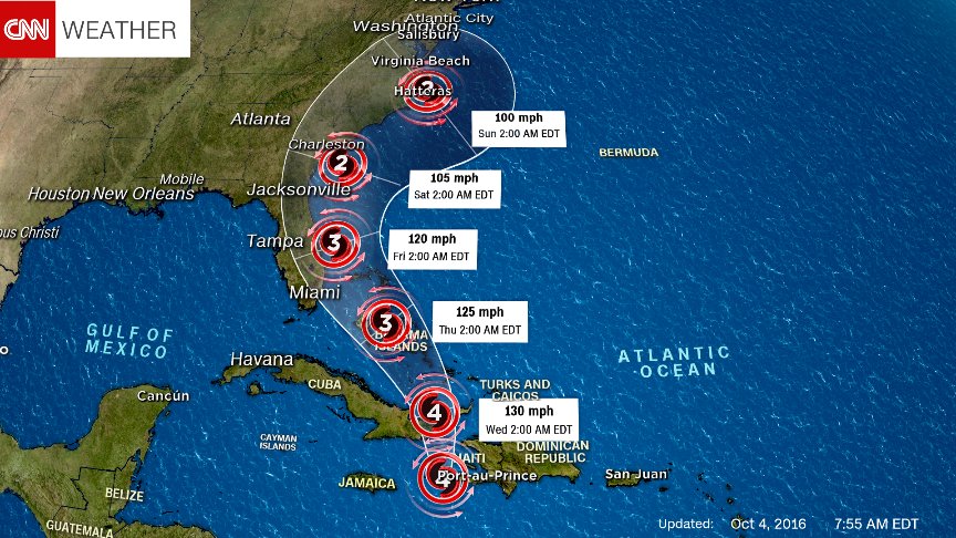 Hurricane Matthew makes landfall in Les Cayes, Haiti on October 4, 2016. It's too soon to know exactly where it will be in a few days, or how hard it will hit the United States. But the storm's latest track shows it making a westward turn toward the US East Coast. And officials in several states in that region say they're not taking any chances. (220742)